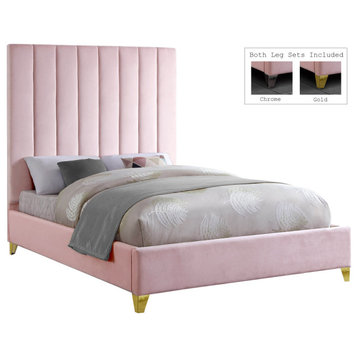Via Velvet Upholstered Bed, Pink, Full