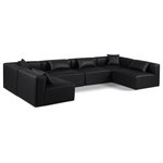 Meridian Furniture - Cube Upholstered Modular Sectional, Black, 6-Piece: 4 Armless Chair, 2 Corner Chair, Vegan Leather - Elevate your space with the luxurious Cube Vegan Leather Modular Sectional. This modular sectional exudes modern elegance, charm, and comfort making it a perfect addition to any contemporary living space. Its clean lines and cube shape are reminiscent of minimalist design, while the plush black vegan leather upholstery adds a touch of luxury and sophistication. The chair's versatile construction and geometric aesthetic seamlessly integrate into various design styles, from sleek living rooms to chic home offices, embodying the essence of modern design and creating a sense of order and tranquility in your space.