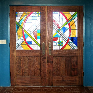 Rustic Entry Doors with Stained Glass