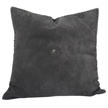 Western Suede Antique Silver Concho & Studded Pillow, 20" x 20", Gray