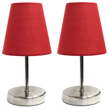 Simple Designs Sand Nickel Mini Basic Table Lamps, Fabric Red Shade, 2-Pack Set