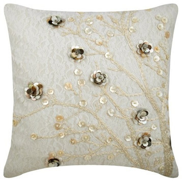 Ivory Decorative Pillow Cover, Pearl Floral Lace 14"x14" Silk, Wedding Bells