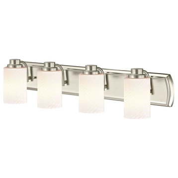 4-Light Bathroom Light in Satin Nickel with White Cylinder Art Glass