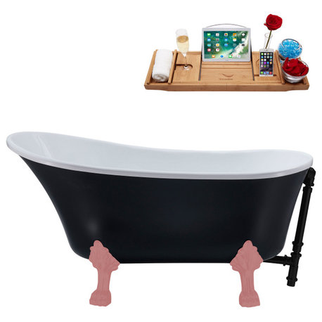 63" Streamline N353PNK-BL Soaking Clawfoot Tub and Tray With External Drain