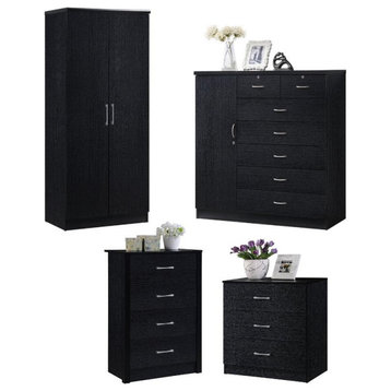 Home Square 4 Piece Bedroom Set with 2 Door Armoire and 3 Chests in Black Wood
