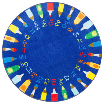 Rainbow Alphabet Area Rug, Blue, 5' Round