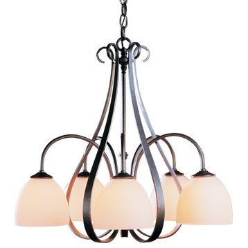 Sweeping Taper 5 Arm Chandelier, Natural Iron Finish, Opal Glass