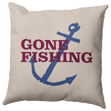 Gone Fishing Polyester Indoor Pillow, Maroon Red, 16"x16"