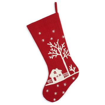Handmade Red Snowy Village Scene Christmas Stocking with White Embroidery