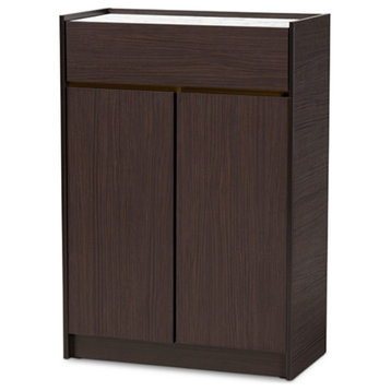 Walker Dark Brown and Gold Finished Wood Shoe Cabinet With Faux Marble Top