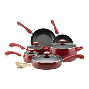Paula Deen Savannah Collection Aluminum 17 Piece Cookware Set With Paula Deen Signature Porcelain 15 Piece Nonstick Cookware Set Red 119 99