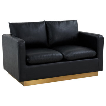 LeisureMod Nervo Modern Mid-Century Upholstered Leather Loveseat with Gold...