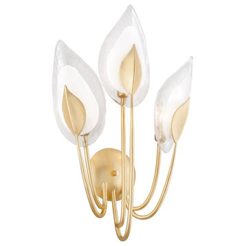 Blossom 3 Light Wall Sconce, Gold Leaf Finish, Clear Glass