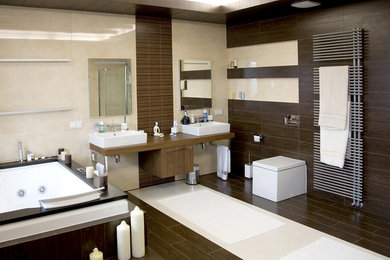 Large minimalist master porcelain tile bathroom photo in Orange County with flat-panel cabinets, medium tone wood cabinets, an undermount tub, a one-piece toilet, brown walls, a vessel sink and wood countertops