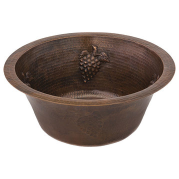 16" Round Copper Prep Sink With Grapes and 3.5" Drain Opening