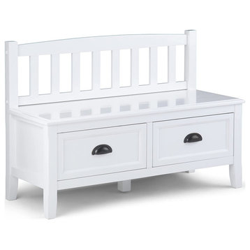 Armless Storage Bench, Slatted Back and 2 Drawers With Cup Pulls, White