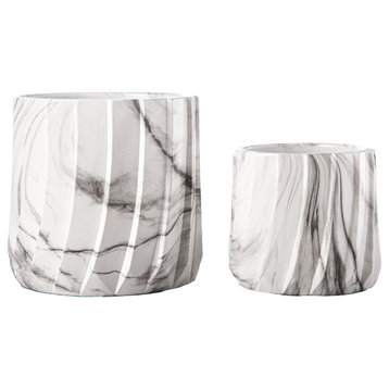 Cement Pot with Embossed Layered Coulmn Design Coated White Finish, Set of 2