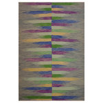 Bareens Designer Rugs - Boho Chic Turkish Kilim Shore Hand-Woven Wool Rug - 6'8'' x 9'10'' - Elevate the elegance of your home with this stunning hand-woven tribal Kilim wool rug. Meticulously crafted on a loom by the Nomad Turkman people using hand-spun wool and 100% natural vegetable dyes, these rugs are recognized for their repetitive geometric patterns, incorporating naturalistic floral and traditional designs. The contemporary fashion palette results in bold, sharp patterns that are incredibly versatile, as the pattern is the same on both sides. These reversible rugs feature a lighter shade on one side and brighter colors on the other, providing versatility according to preference. These unique rugs are made by knotting short strands of different colors onto the warps and securing them by tightly pressing the wefts. The designs are created by interweaving the various colored wefts and warps. Kilims are known for their exceptional durability and versatility, making them truly unique rugs.  Product Details    Rug Size: 6'8'' x 9'10''  Material: 100% Wool  Style: Kilim, Flat Weave, Dhurrie, Turkish, Southwestern, Rustic, Tribal  Colors: Grey, Purple  Weave Type: Hand-Woven, Handmade  Pile Height: Less than 0.25 inch