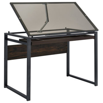 Pemberly Row Glass Top Drafting Desk in Dark Gunmetal and Chestnut