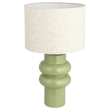 Stoneware Table Lamp With Linen Shade and Inline Switch, Green