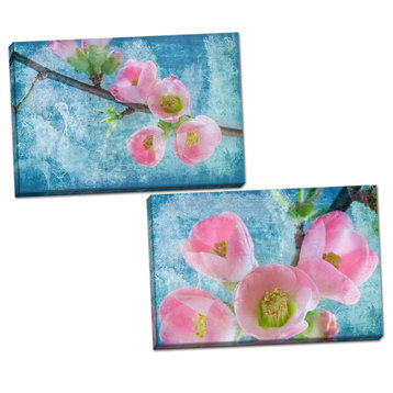 Pink Florals on Blue; Two 18x12in Hand-Stretched Canvases