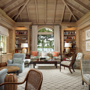 Ejemplo de salón para visitas cerrado, mediterráneo, grande, sin televisor, con chimenea tradicional, suelo beige, paredes beige, moqueta y marco de chimenea de madera