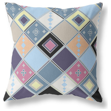 16" Blue Purple Tile Indoor Outdoor Zippered Throw Pillow