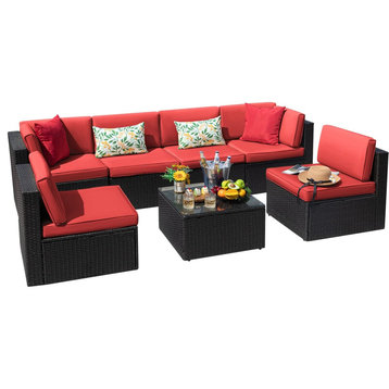 7 Pieces Patio Set, Modular Design With Glass Coffee Table & Padded Chairs, Red