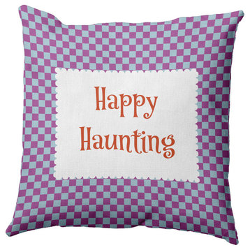 Halloween Happy Haunting Checks Indoor/Outdoor Throw Pillow, Orchid, 20"x20"