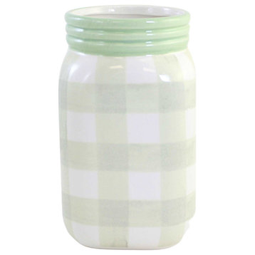 Tabletop Plaid Container Jar Dolomite Planter Utensil Holder A7000 Green