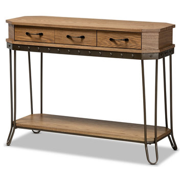 Rustic Oak Brown Finished Wood and Black Finished Metal 3-Drawer Console Table