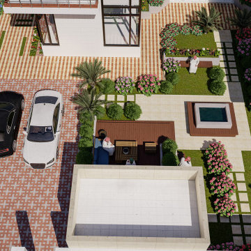 Front yard design of luxury farm house