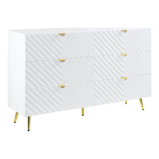 Tyra 55 Inch Wood Dresser Wavy Textured Design Gold Metal Legs White ...