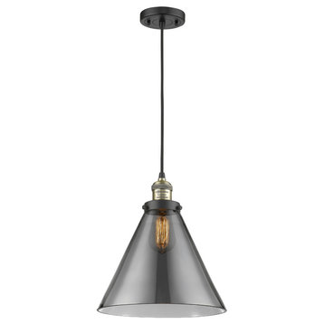 X-Large Cone 1-Light LED Pendant, Black Antique Brass, Glass: Smoked