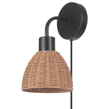 Briar 1-Light Matte Black Plug-In or Hardwire Wall Sconce with Rattan Shade