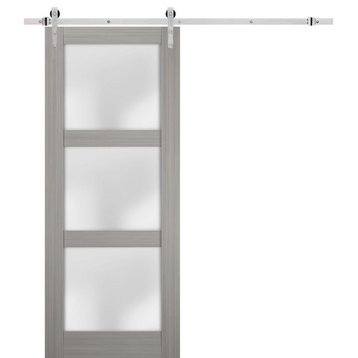 Barn Door 42 x 80 Frosted Glass, Lucia 2552 Grey Ash, Silver 8FT