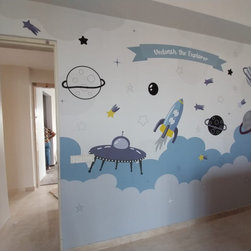 Blue and Grey Space Theme Children Wallpaper, Customized - Wallpaper
