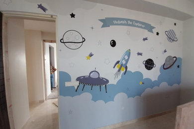 Blue and Grey Space Theme Children Wallpaper, Customized