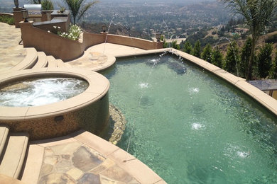 Mid-sized contemporary backyard custom-shaped natural pool in Los Angeles with natural stone pavers and a water feature.