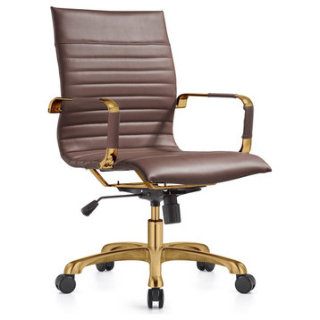 LeisureMod Harris Leather Office Task Chair With Gold Frame, Dark Brown