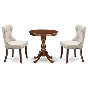 3 Pieces Dining Set, Round Mahogany Table With Doeskin Polyester Chairs