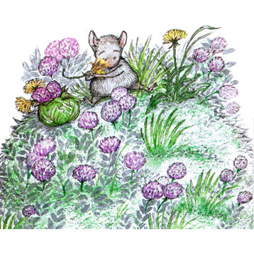 "Mouse and Purple Flowers" Painting Print on Canvas by Curtis