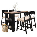 Hillsdale Furniture - Hillsdale Knolle Park Wood 5-Piece Counter Height Dining Set - This counter height dining set makes a welcoming eating area with extra storage space on the side.  An ideal choice for modern or farmhouse settings, the minimalist table doubles the charm with a black finished base, combined with a Wire Brush oak finished top making for a modern-day charm.  The wood constructed table has a pair of open shelves for storage or display space making the most of every inch of space.  The non-swivel counter stools are the perfect complement with a wood panel back and footrest for back and foot ease.  The wood stools are covered in a taupe fabric adding a touch of sophistication.  This rectangular table set easily seats four making it the ideal sitting piece for making good family times.  Assembly required.