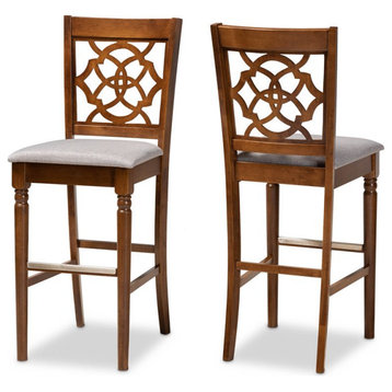 Baxton Studio Alexandra Gray Upholstered Walnut Wood 2-Piece Bar Stool Set