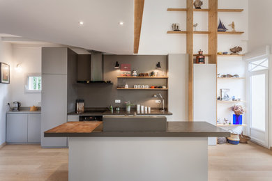 Medium sized contemporary galley kitchen/diner in Bordeaux with a submerged sink, flat-panel cabinets, grey cabinets, grey splashback, integrated appliances, light hardwood flooring, an island, beige floors and grey worktops.