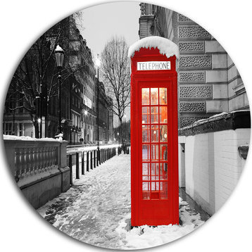 Red London Telephone Booth, Cityscape Large Disc Metal Wall Art, 36"