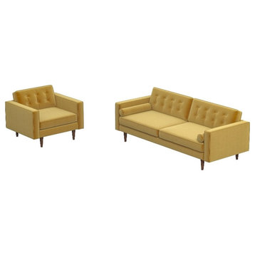 Kayson Mid-Century Modern Pillow Back Velvet Sofa and Lounge Chair Set in Gold