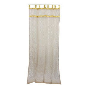 Mogul Interior - Indian Sari Curtain Beige Sheer Organza Golden Sari Window Drapes, 48x96" - Curtains