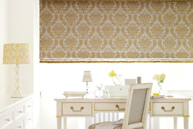 Home office - mid-sized traditional freestanding desk carpeted and beige floor home office idea in New York with white walls
