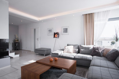 Inspiration for a mid-sized contemporary open concept light wood floor and gray floor family room remodel in Other with gray walls, a tv stand, a ribbon fireplace and a tile fireplace